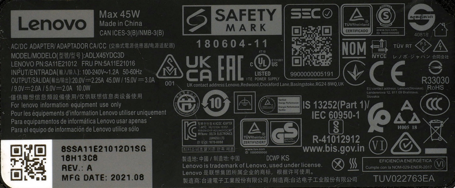Genuine Lenovo 45W USB-C 20V 2.25A AC Adapter ADLX45YDC3D 5A11E21016 SA11E21012