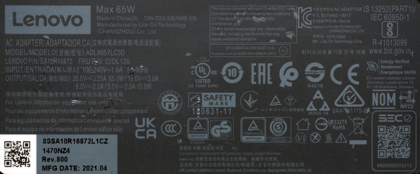 Genuine Lenovo 65W USB-C AC Adapter SA10R16872 02DL126 ADLX65YLC3D