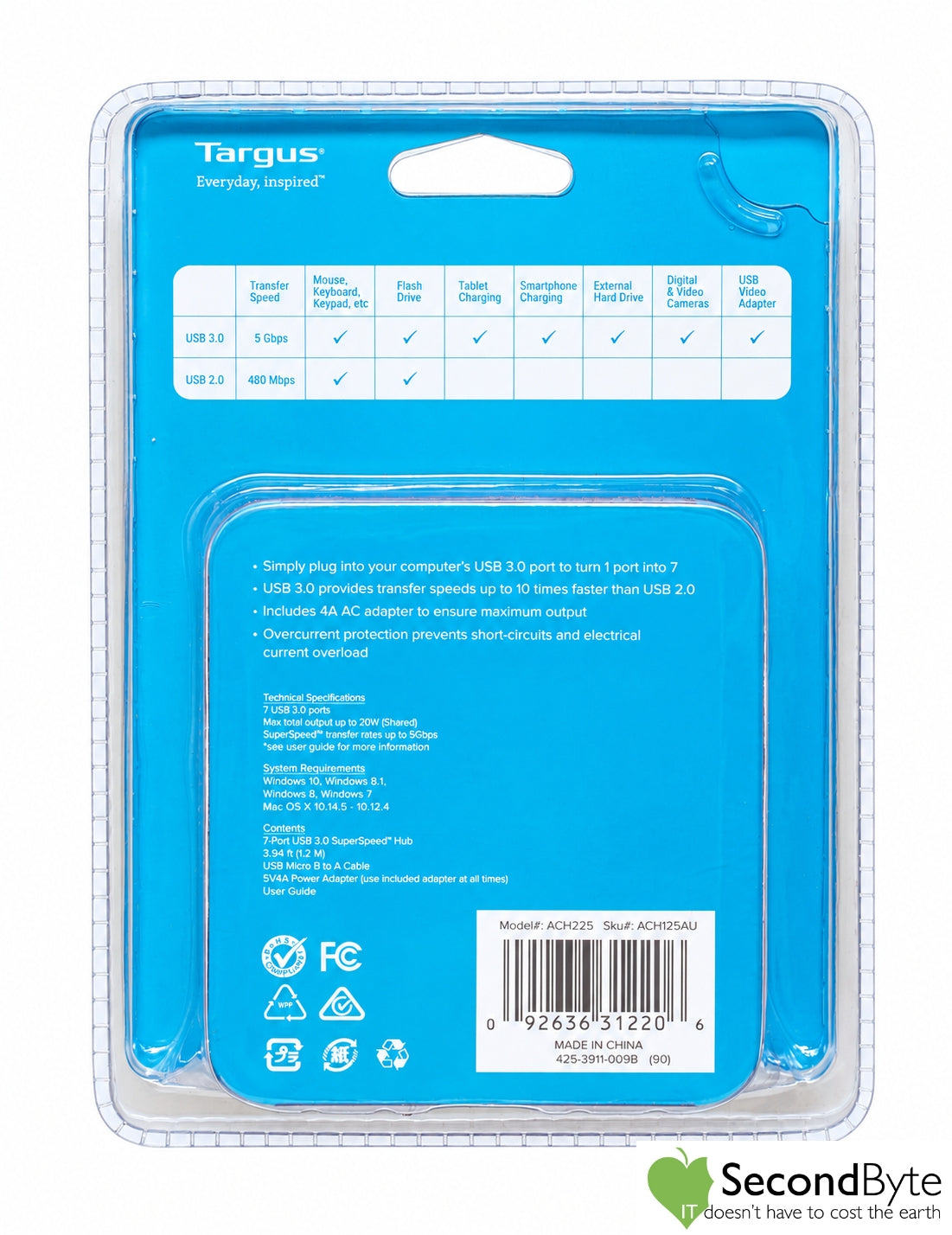 Brand New Targus ACH225AU USB 3.0 7-Port Powered Hub Fast Charging AC Adapter