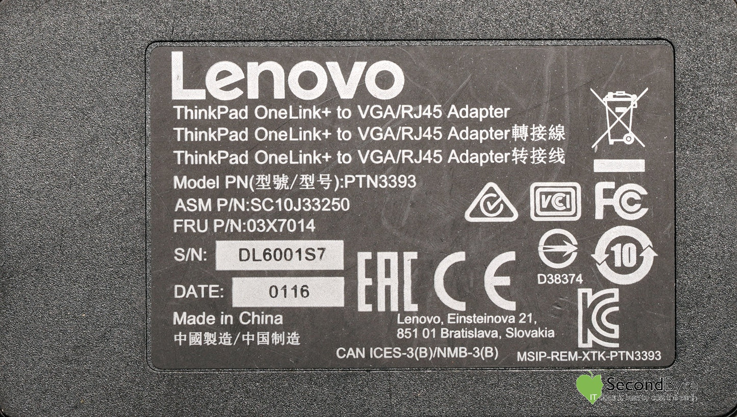 Lenovo ThinkPad OneLink+ VGA RJ45 Ethernet Network Adapter 03X7014 PTN3393