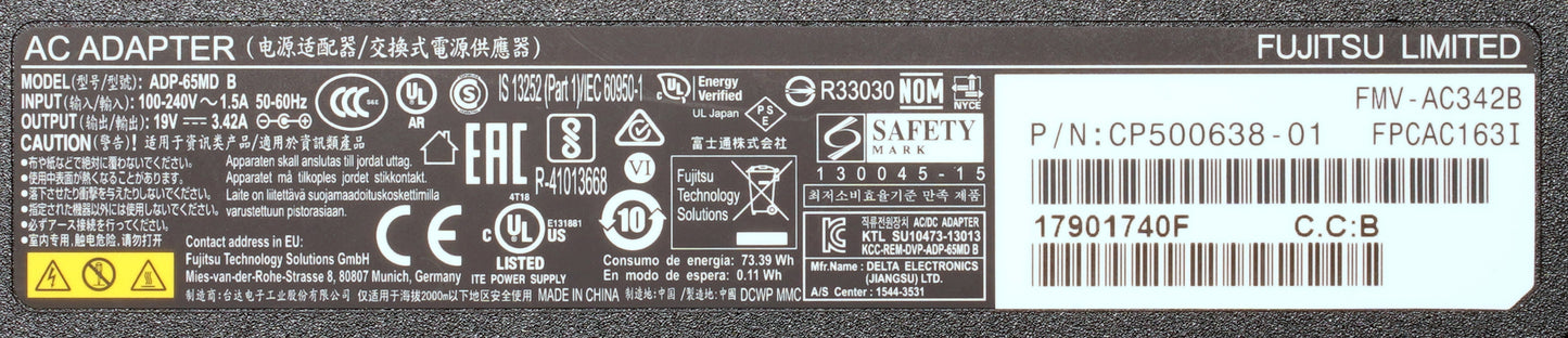 Genuine Fujitsu 65W 19V 3.42A AC POWER ADAPTER BLACK TIP  FPCAC163I ADP-65MD