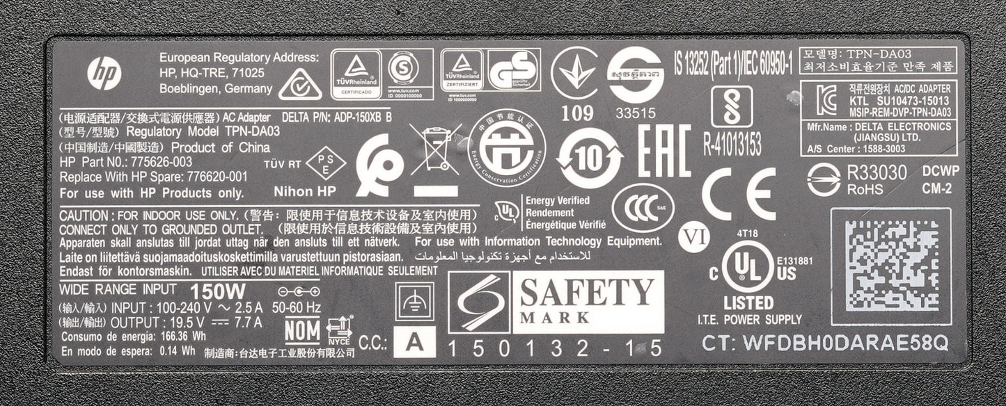 Genuine HP 150W Adapter 19.5V 7.7A 3MM Blue Tip TPN-DA03 775626-003 776620-001