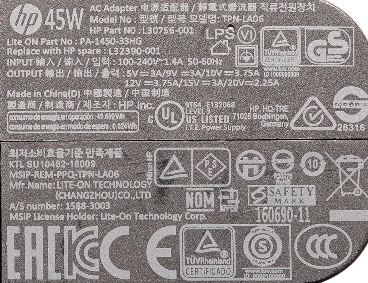 Genuine HP 45W 20V 2.25A USB-C Type-C AC Adapter L30756-001 TPN-LA06 L32390-001