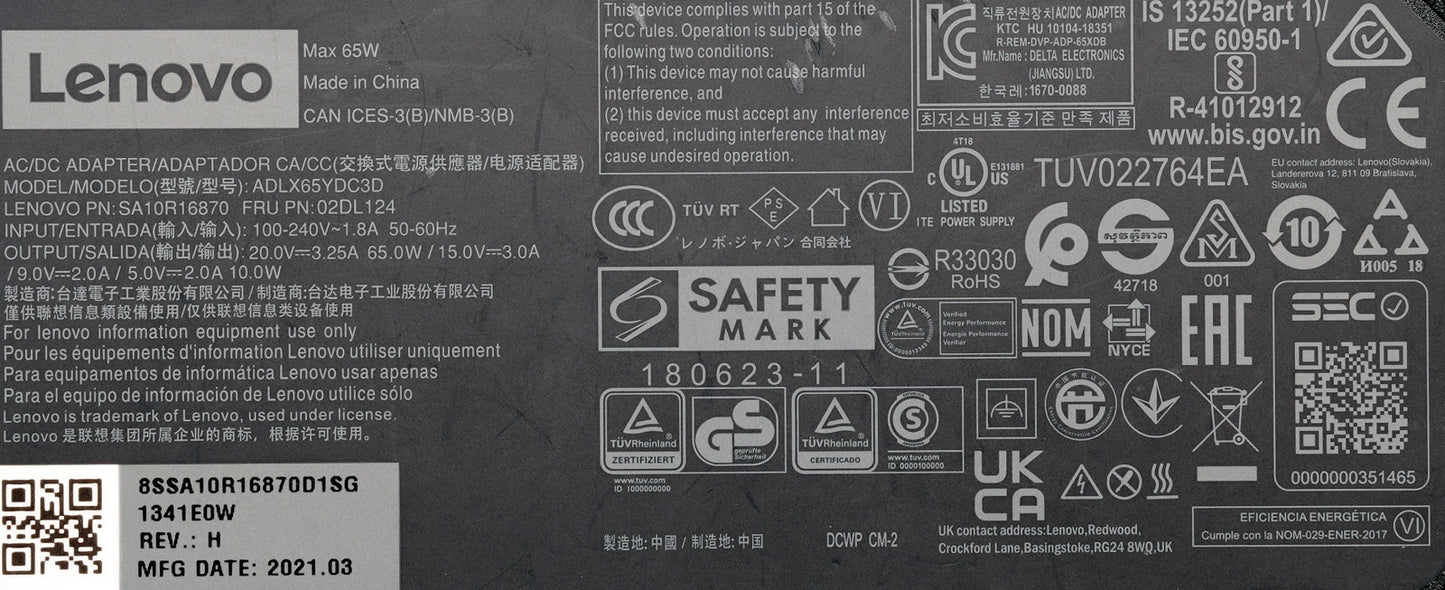Genuine Lenovo 65W USB-C AC Adapter SA10R16870 02DL124 ADLX65YDC3D