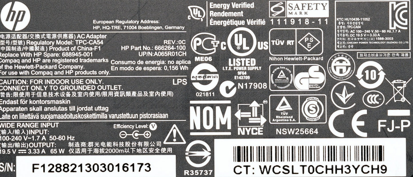 Genuine HP 65W AC Adapter Yellow Tip 19.5V 3.33A TPC-CA54 688945-001