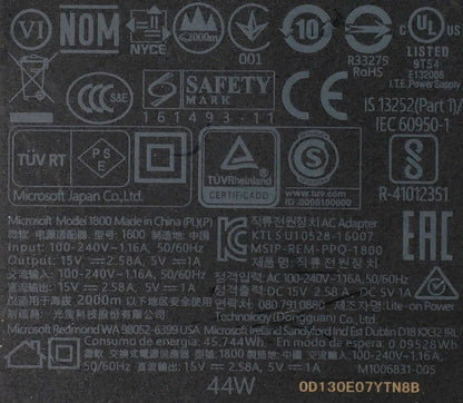 Genuine Microsoft Surface Pro Model 1800 Charger AC Adapter includes power cable