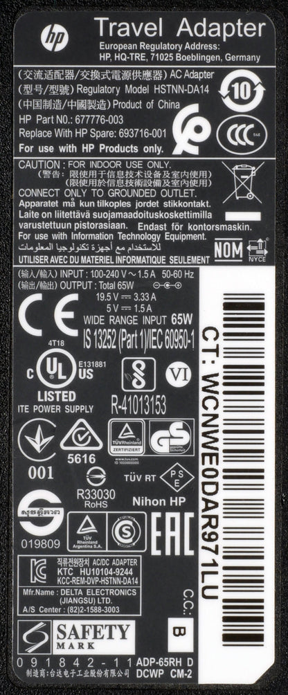 Genuine Slim HP Travel Adapter HSTNN-DA14 Blue Tip 19.5V 65W 3.33A L13558-003