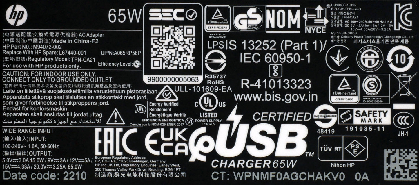 Genuine HP 65W USB-C 20V 3.25A AC Adapter TPN-CA21 L67440-001 M94072-002