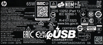 Genuine HP 65W USB-C 20V 3.25A AC Adapter TPN-CA21 L67440-001 M94072-002