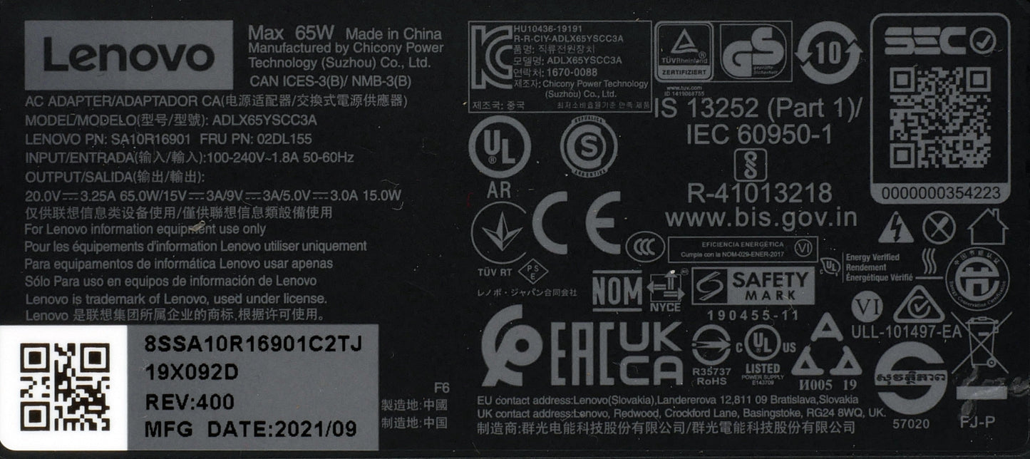 Genuine Lenovo 65W USB-C AC Adapter SA10R16901 ADLX65YSCC3A 02DL155