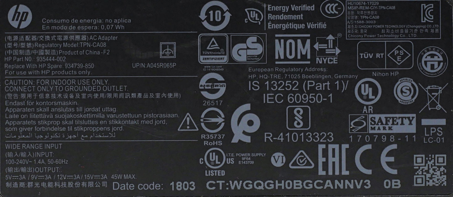 Genuine HP 45W USB-C 15V 3A AC Adapter TPN-CA08 935444-002 934739-850