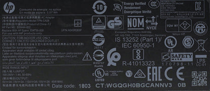 Genuine HP 45W USB-C 15V 3A AC Adapter TPN-CA08 935444-002 934739-850