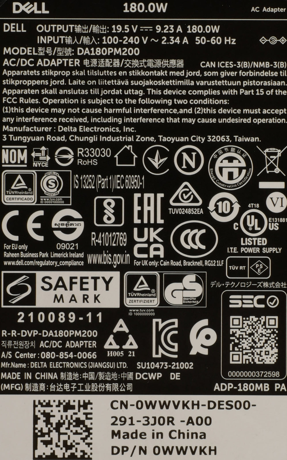 Genuine Dell 180W 19.5V 9.23A AC Adapter DA180PM200