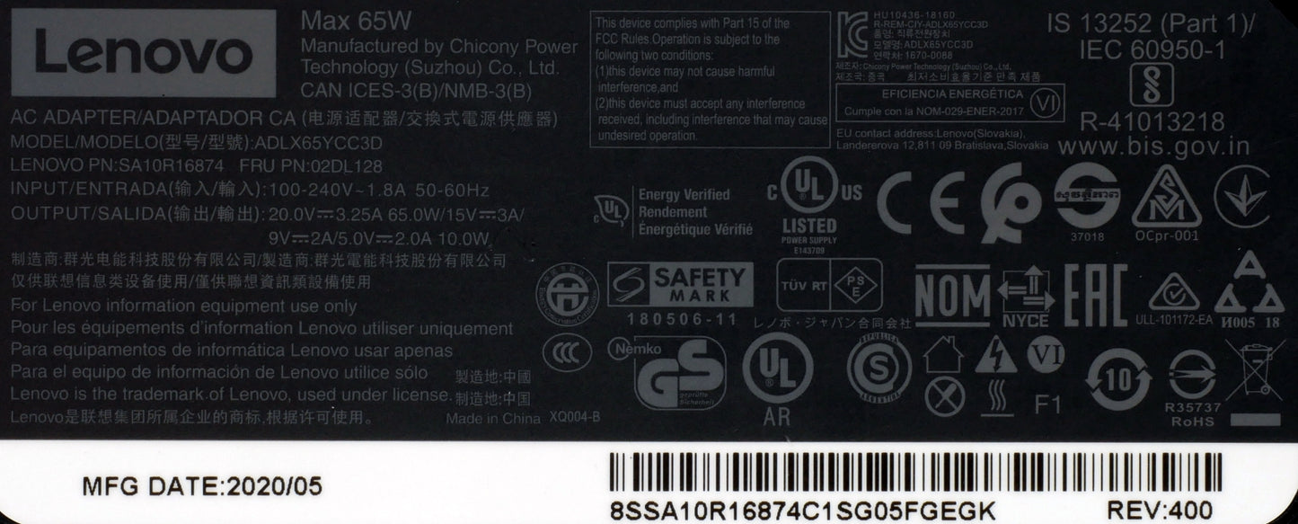 Genuine Lenovo 65W USB-C AC Adapter SA10R16874 02DL128 ADLX65YCC3D