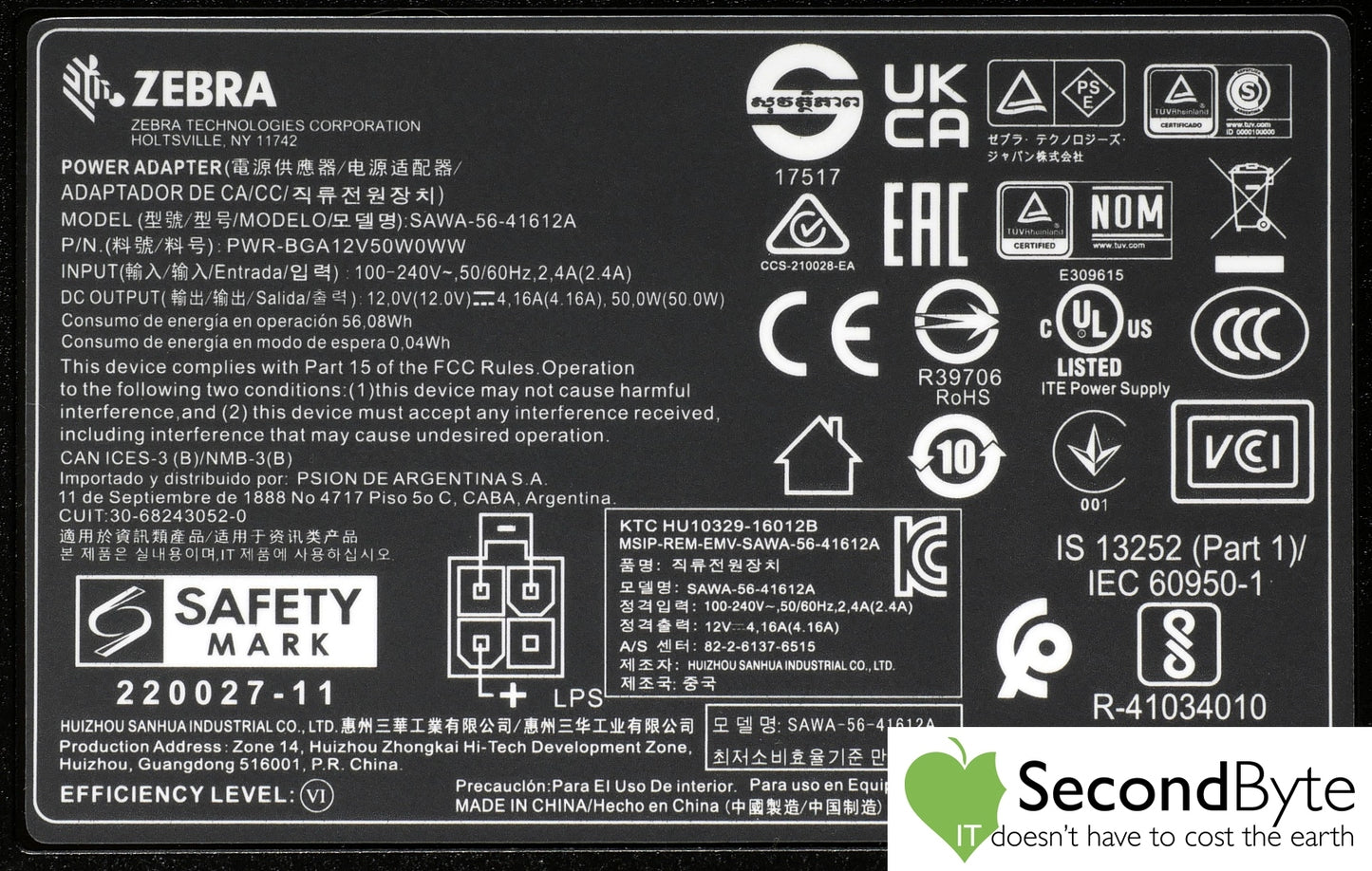 Zebra 50W 12V 4.16A Power Supply Adapter PWR-BGA12V50W0WW